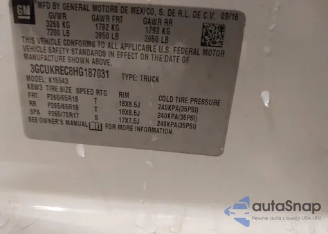 2017 Chevrolet Silverado 1500 2Lt из США, поврежденный, VIN 3GCUKREC8HG187031